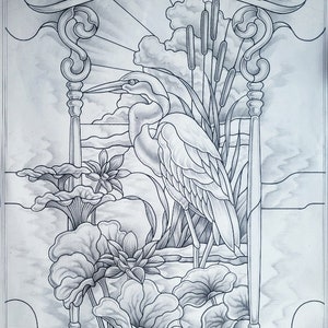 May include: A black and white pencil drawing of a stained glass window design featuring a heron standing in a marsh with cattails and water lilies. The design includes a decorative frame with a rope-like border. The text "©J. Emerson Behnke 2023" is at the bottom of the drawing.