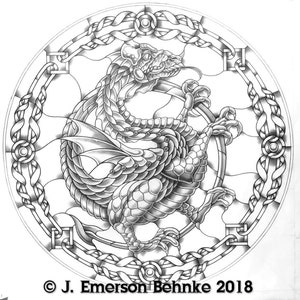 May include: A black and white illustration of a dragon in a circular frame with a Celtic knot design. The dragon is curled up with its wings spread out. The text "J. Emerson Behnke 2018" is at the bottom of the image.
