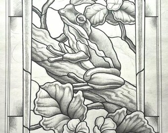 May include: A black and white pencil drawing of a frog sitting on a branch with flowers. The drawing is framed by a decorative border. The text "©J. Emerson Behnke 2025" is in the upper center of the drawing.