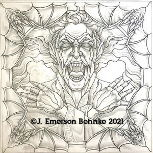 May include: A black and white line drawing of a vampire with fangs, surrounded by bats. The vampire is wearing a robe with a geometric pattern. The text "©J. Emerson Behnke 2021" is at the bottom of the image.