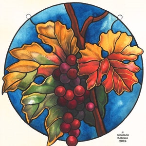 May include: A watercolor painting of a grapevine with leaves in shades of green, yellow, and red. A cluster of purple and red grapes hangs from the vine against a blue background. The artist's signature, J. Emerson Behnke 2024, is in the lower right corner.