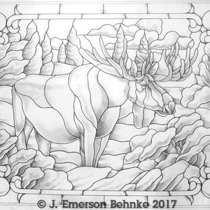 May include: A black and white line drawing of a moose in a stained glass style. The moose is standing in a field with trees and clouds in the background. The drawing is signed "J. Emerson Behnke 2017".