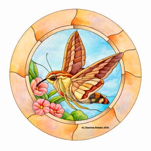May include: A round stained-glass design featuring a moth with brown and tan wings, hovering near pink flowers and green leaves. The background is a light blue sky. The artwork is framed by a light orange border. Text reads: ©J. Emerson Behnke 2026.