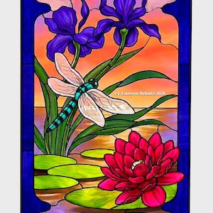 May include: Stained glass panel featuring a dragonfly with turquoise and black markings, irises, and a red water lily. The background is a sunset of orange and purple hues. The artwork is framed in a dark blue border.