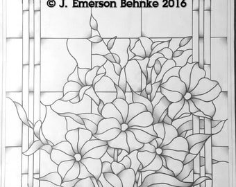 May include: A black and white line drawing of a stained glass window design featuring a bouquet of flowers. The design includes a border with a diamond pattern and the text "© J. Emerson Behnke 2016".