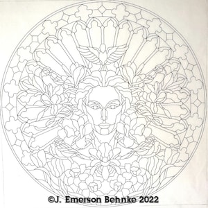 May include: A black and white line drawing of a stained glass window design featuring a woman's face surrounded by flowers and birds. The design includes a dove with outstretched wings at the top of the window. The text "C.J. Emerson Behnke 2022" is at the bottom of the image.