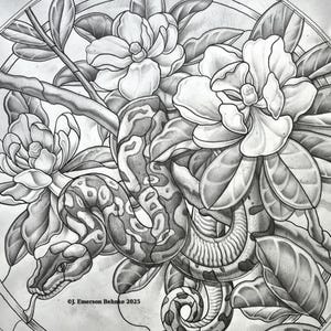 May include: Detailed monochrome illustration of a snake entwined with magnolia flowers and foliage. The snake features a patterned body and a forked tongue. The artwork is signed "©J. Emerson Behnke 2025".