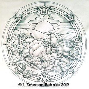 May include: A black and white pencil drawing of a stained glass window design featuring a harvest scene with pumpkins, gourds, and leaves. The design is set within a circular frame with a Celtic knot border. The text "C.J. Emerson Behnke 2019" is at the bottom of the image.