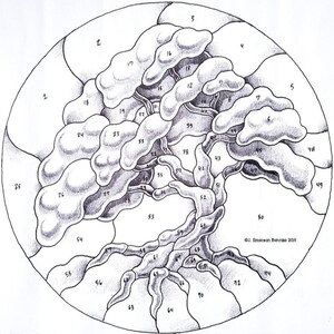 Puede incluir: Un dibujo detallado en blanco y negro de un árbol, segmentado en secciones numeradas dentro de un marco circular. Las ramas y el follaje del árbol están estilizados, con una firma en la esquina inferior derecha. El dibujo está etiquetado como "J. Emerson Behnke 2019".