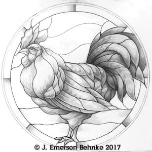 May include: A black and white line drawing of a rooster in a circle. The rooster is facing left and has a large, detailed tail. The drawing is in a stained glass style.