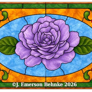 May include: A rectangular stained glass panel featuring a central purple rose with green leaves set against a textured blue oval background. The corners contain orange and green floral motifs with red accents. Text reads: J. Emerson Behnke 2026.