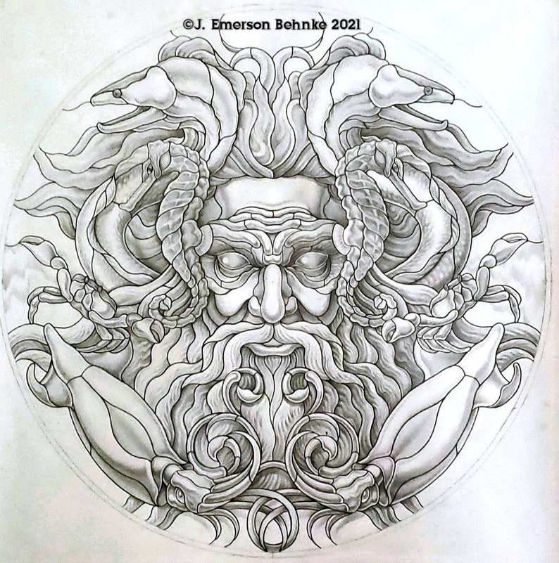 May include: A black and white line drawing of a man's face with a beard and hair made of sea creatures. The man's face is surrounded by seahorses, crabs, and fish.