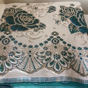 Jacquard Brocade Floral Lace Fabric with Metallic Embroidery and Sheer Mesh Backing Overlay