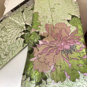 Brocade Metallic Embossed Floral Pink and Green Jacquard Fabric by the Yard.