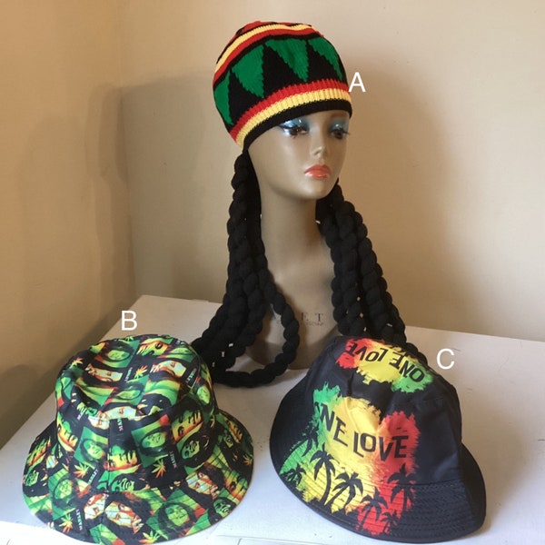 Rasta Faux locks Beanie /Jamaica Reversible Bucket Hat