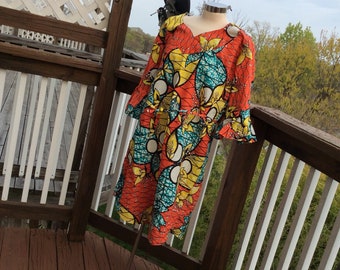Touch of summer,Loose /belted orange,blue and yellow dress