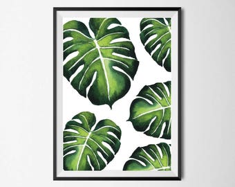 Monstera Leaf Wall Print, Tropical Print, Home Decor, Botanical Wall Print, Plant Leaf Print, Botanical Leaves
