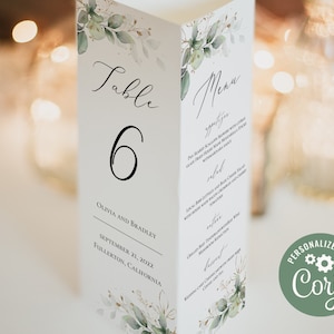 Modello di supporto da tavolo a tre pieghe, modello numero di tavolo ripiegabile in oro verde, menu da tavolo ripiegabile modificabile, programma di nozze nel verde - GGW3