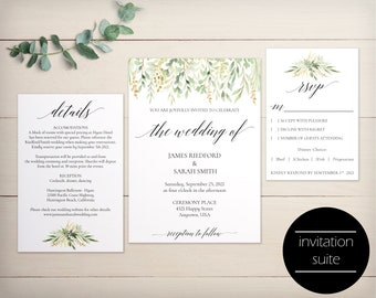Greenery Wedding Invitation Template Download, Printable Wedding Invitation Set Garden Wedding Invitation Greenery Instant Download - DG01