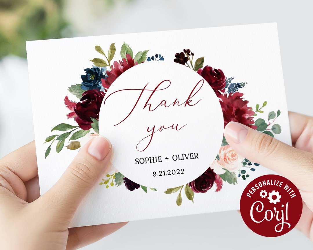 Wedding Thank You Note, Printable Thank You Card Template, Burgundy ...
