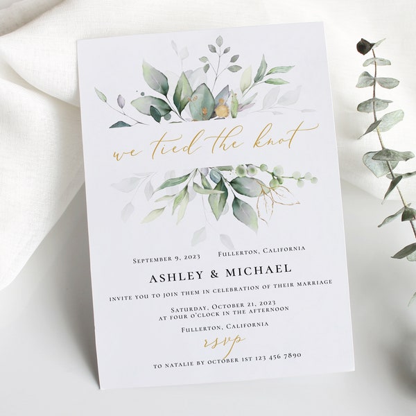 We Tied The Knot Invitation Editable Template, Printable Reception Party Invitation, Eucalyptus Greenery We Tied The Knot Invitation - GGW3