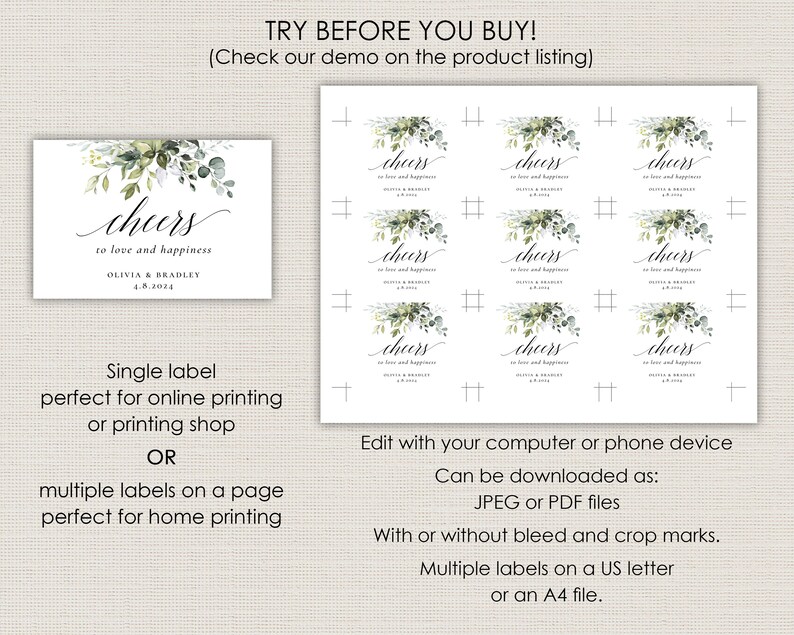 Mini Wine Bottle Labels Printable Greenery Mini Champagne - Etsy