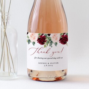 Mini Champagne Label Template, Printable Burgundy Mini Wine Bottle Labels, Editable Wedding Wine ...