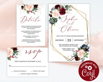 Wedding Invitation Set Editable Template, Burgundy Floral Wedding Invitation, Printable Wedding Invitation Template, Marsala, Corjl - BFN2