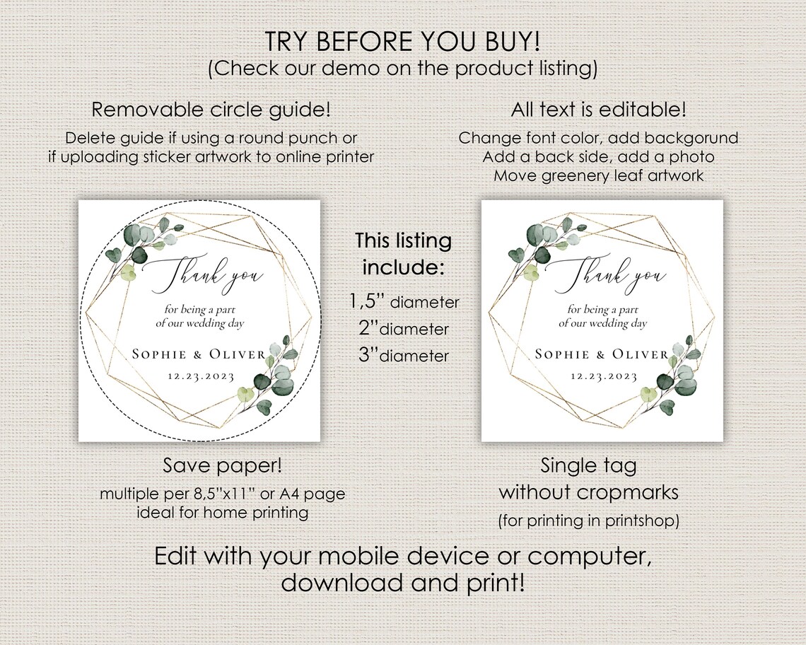 Round Tag Template Greenery Round Favor Tag Template | Etsy