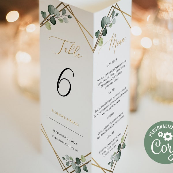 Trifold Table Stand Template, Eucalyptus Tri-fold Table Number Template, Editable Tri-fold Table Menu, Greenery Wedding Table Program - WGE1