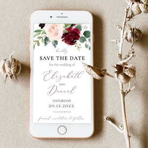Boho Save the Date Evite, Smartphone Electronic Invitation, Burgundy Digital Template, Save Our Date Evite, Invitation Template 5x7&quot; - BFN2