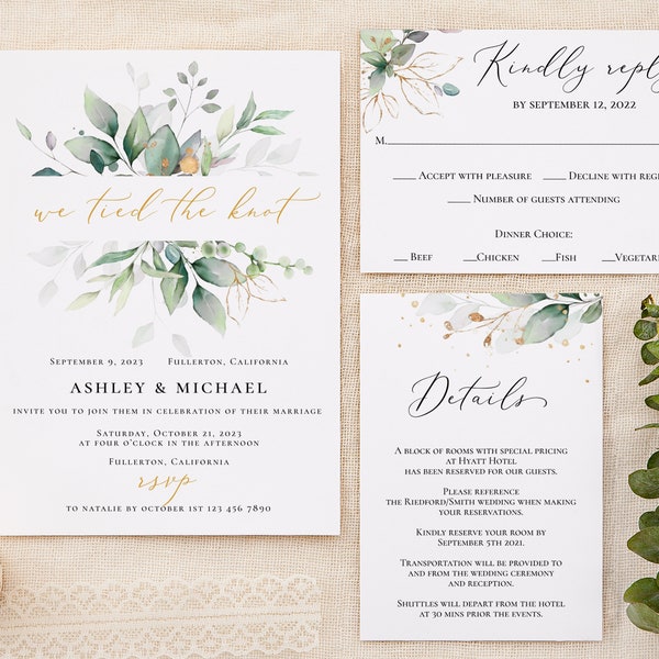 Wedding Invitation Template, We Tied The Knot Invitation, Greenery Wedding Invitation Set, Boho Greenery Wedding Invitation Printable - GGW3