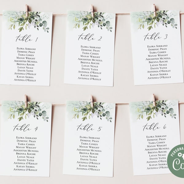 Seating Chart Cards, Greenery Eucalyptus Leaves, Seating Chart Card Editable Template, Editable Seating Cards, Watercolor Greenery Boho-WGE1