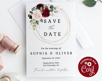 Save The Date Editable Template, Burgundy Floral Save The Date, Printable Save The Date Template, Boho Wedding, Wine, Marsala, Corjl - BFN2