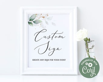 Custom Sign Template, Editable Custom Sign, Printable Wedding Sign, Custom Text Sign, Baby Shower Sign, Greenery Gold Sign, Corjl - GGW3