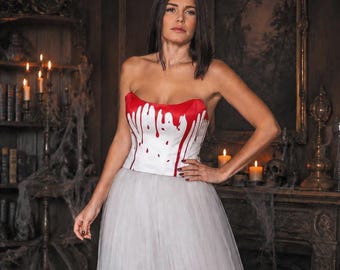 Bloody Bride Halloween Costume - White Tulle Bridal Wedding Dress - Gothic Corset Gown With Blood Drip Print For Gothic Halloween Bride