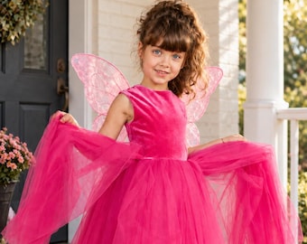 Rosa Feenkostüm für Mädchen - Fairycore Mädchen-Halloweenkostüm - Pinkes Tüll-Prinzessinnenkleid für kleine Mädchen zum Verkleiden