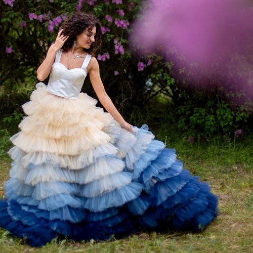 Cream Blue Ombre Dress Haute Couture 