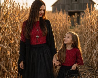 Mother Daughter Halloween Costumes - Mommy And Me Matching Vampire or Witch Costume - Gothic Burgundy Black Lace Tulle Dresses Fall Fashion