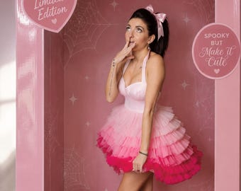 Pinkes Puppen-Halloweenkostüm für Damen – Rosa Tüllkleid für Damen – Trendiges Herbstkleid mit Rüschen und Farbverlauf – Trendiges Halloweenkostüm für Erwachsene