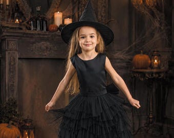 Black Witch Halloween Costume for Kids - Gothic Girls Tulle High Low Dress with Train - Toddler Spooky Vampire Costume - Kids Clothing