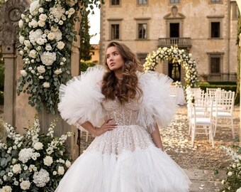 Off White Tulle Wedding Dress For Bride or Reception - Summer Style Short Wedding Dress With Sequins & Pearls - Mini Elopement Photos Dress