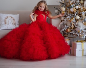 Red Christmas Toddler Tiered Gown, Girls Holiday Dresses, Formal Photo Shoot Gown, Princess Dress, Party Outfit, Tulle Dress With Train,