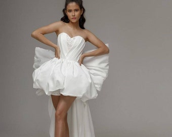Korte trouwjurk met korset, mini trouwjurk met strik, witte bruiloft receptie jurk voor bruid, kleine witte jurk, bruids douchejurk