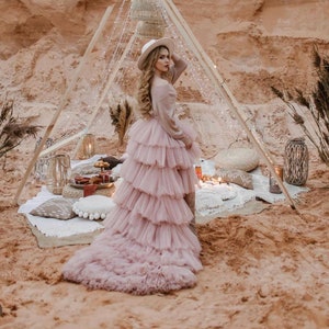 High Low Wedding Tulle Skirt, Bridal Gowns & Separates, Layered Western Wedding Skirt, Womens Clothing, Tiered Gown, Blush Tulle Maxi Skirt
