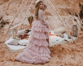 High Low Wedding Tulle Skirt, Bridal Gowns & Separates, Layered Western Wedding Skirt, Womens Clothing, Tiered Gown, Blush Tulle Maxi Skirt