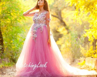 Mutterschaftskleid für Baby-Dusche, rosa Blumenkleid, Herbstmode, Fotoshooting Kleid, Schwangerschaftskleid, rosa Tüllkleid, Abendkleid, Kleid