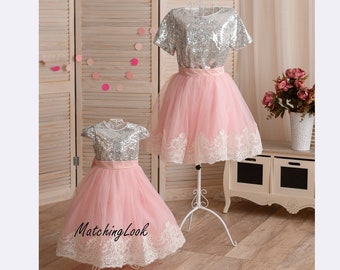 Mommy And Me Dresses, Photoshoot Dresses, Matching Mother Daughter Dress, Silver Sequin Dress, Girl Formal Dress, Toddler Gown Dress,Elegant