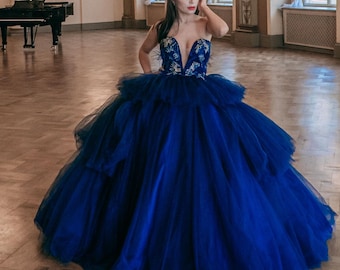 Quinceañera Dress, Royal Blue Ball Gown, Prom Dress, Corset Lace Embellished Tulle Dress, Couture Ballgown, Black Tie Dresses For Women
