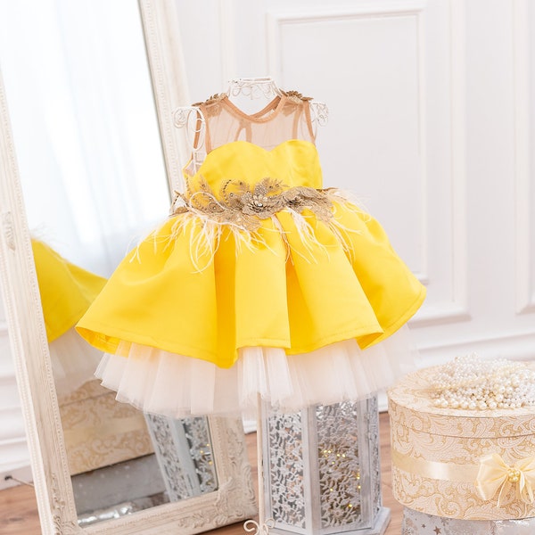 Girls Yellow Knit & Floral Dress